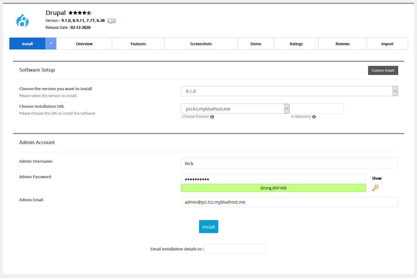 drupal quick install settings in bluehost