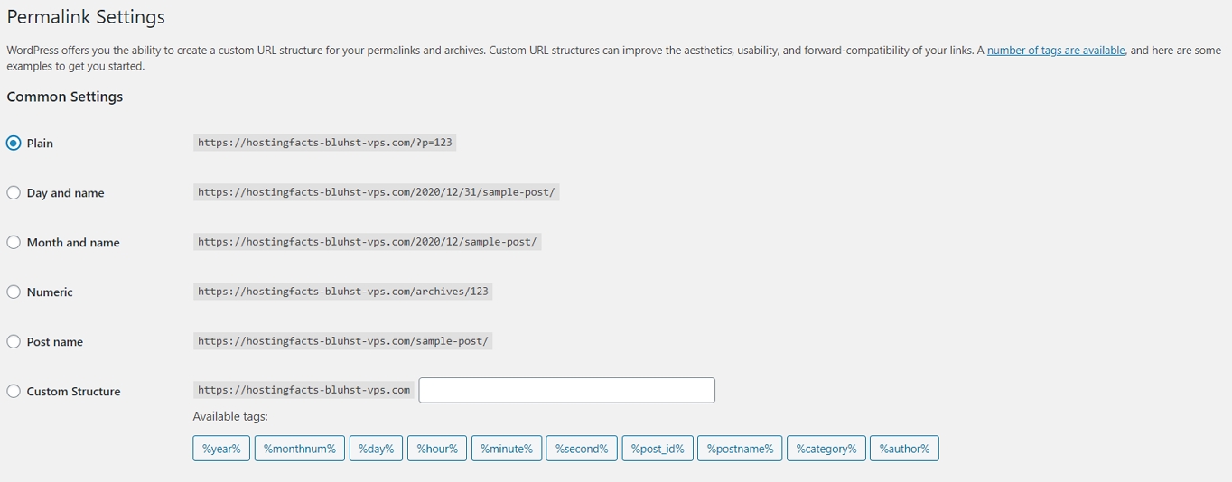 Default Permalink Settings