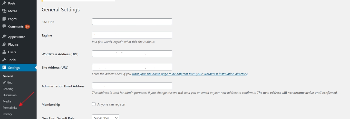 Settings Permalinks Menu