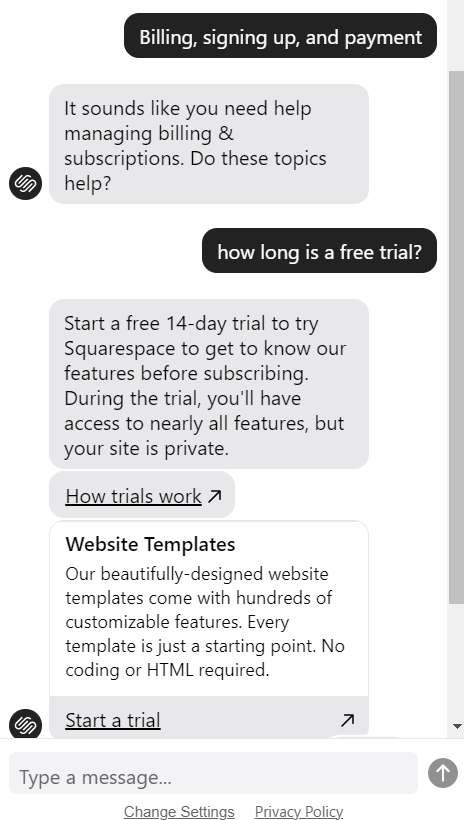 SquareSpace live chat support example