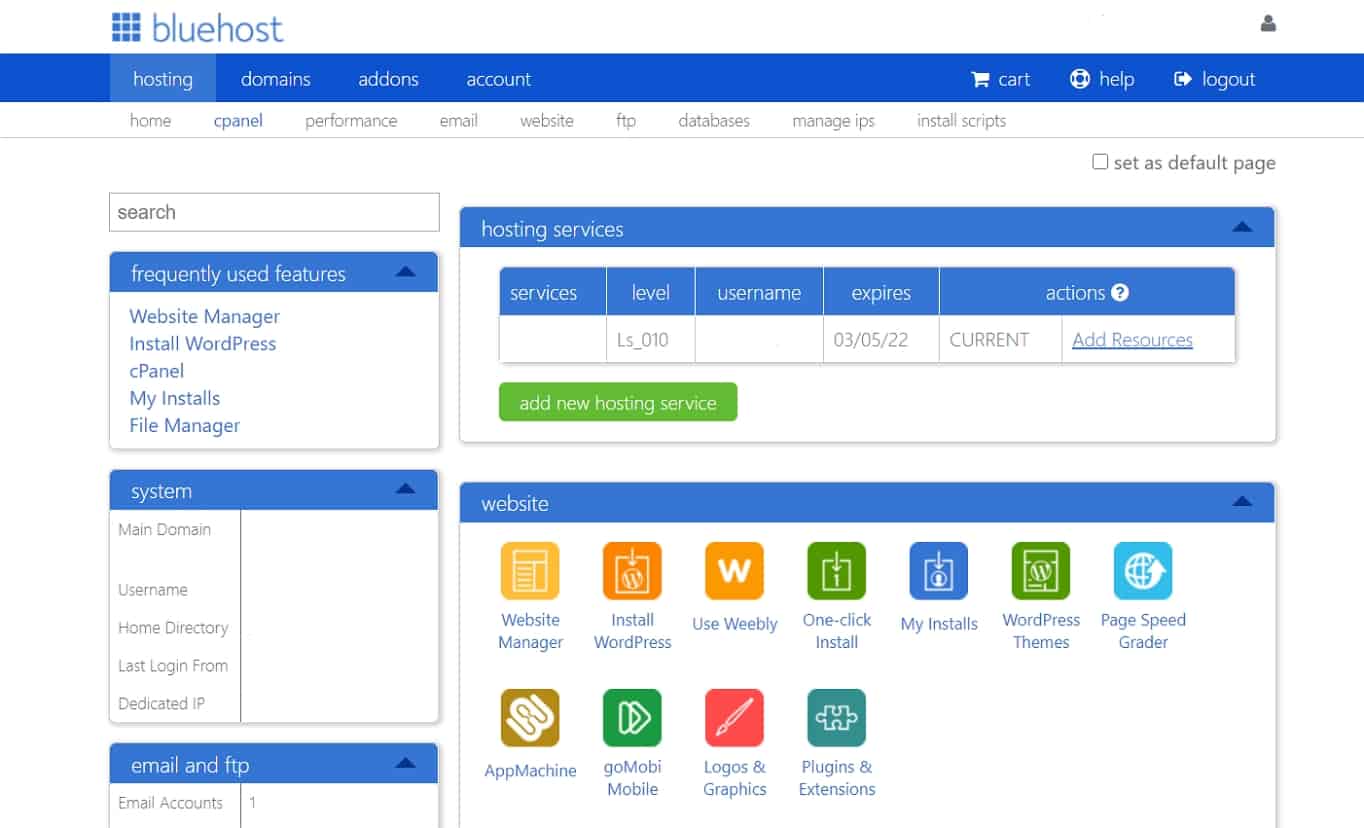 bluehost cpanel