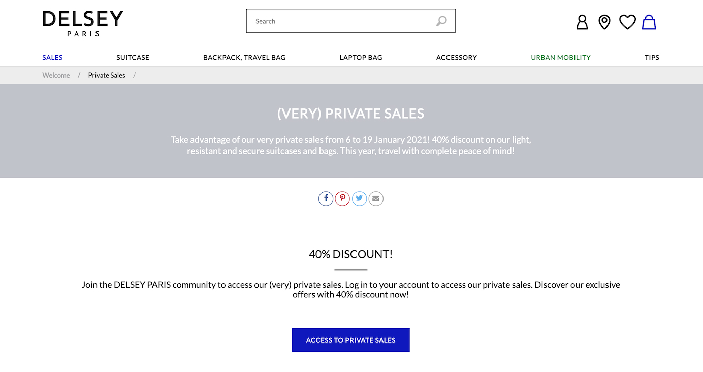 Delsey Paris encourages email sign-ups with access to subscriber-only sales and discounts