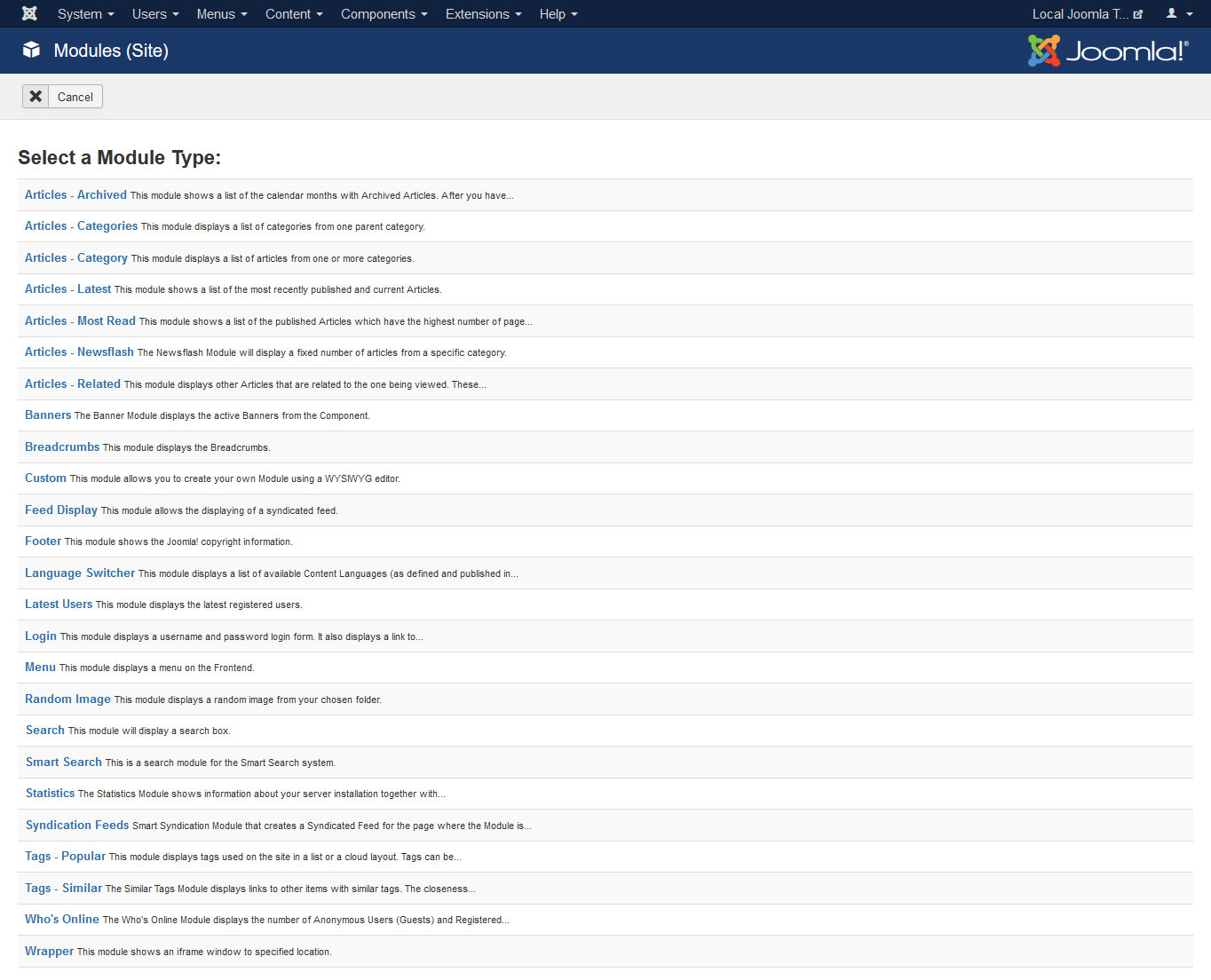 available modules in joomla