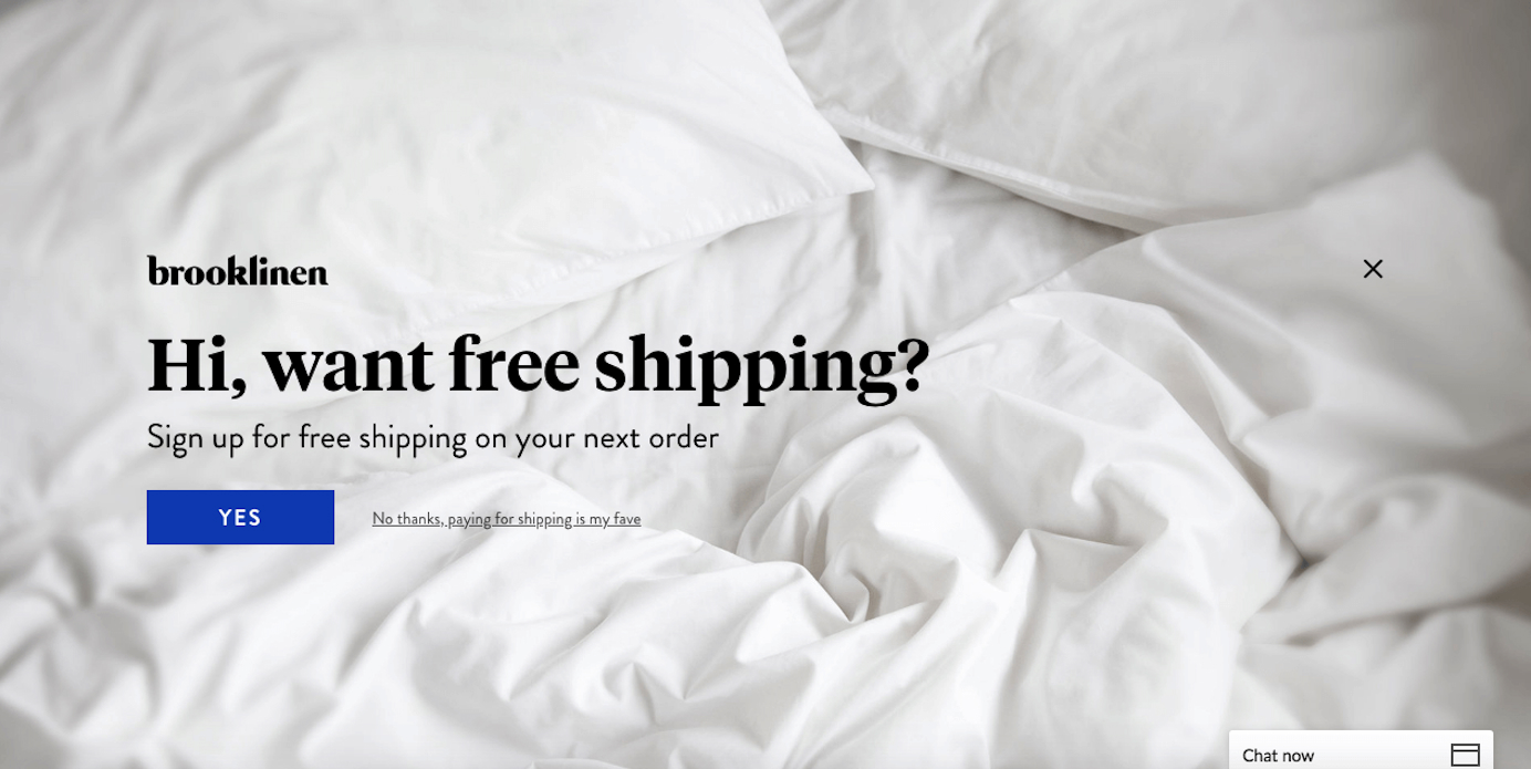 Brooklinen entices shoppers to complete their order with free shipping