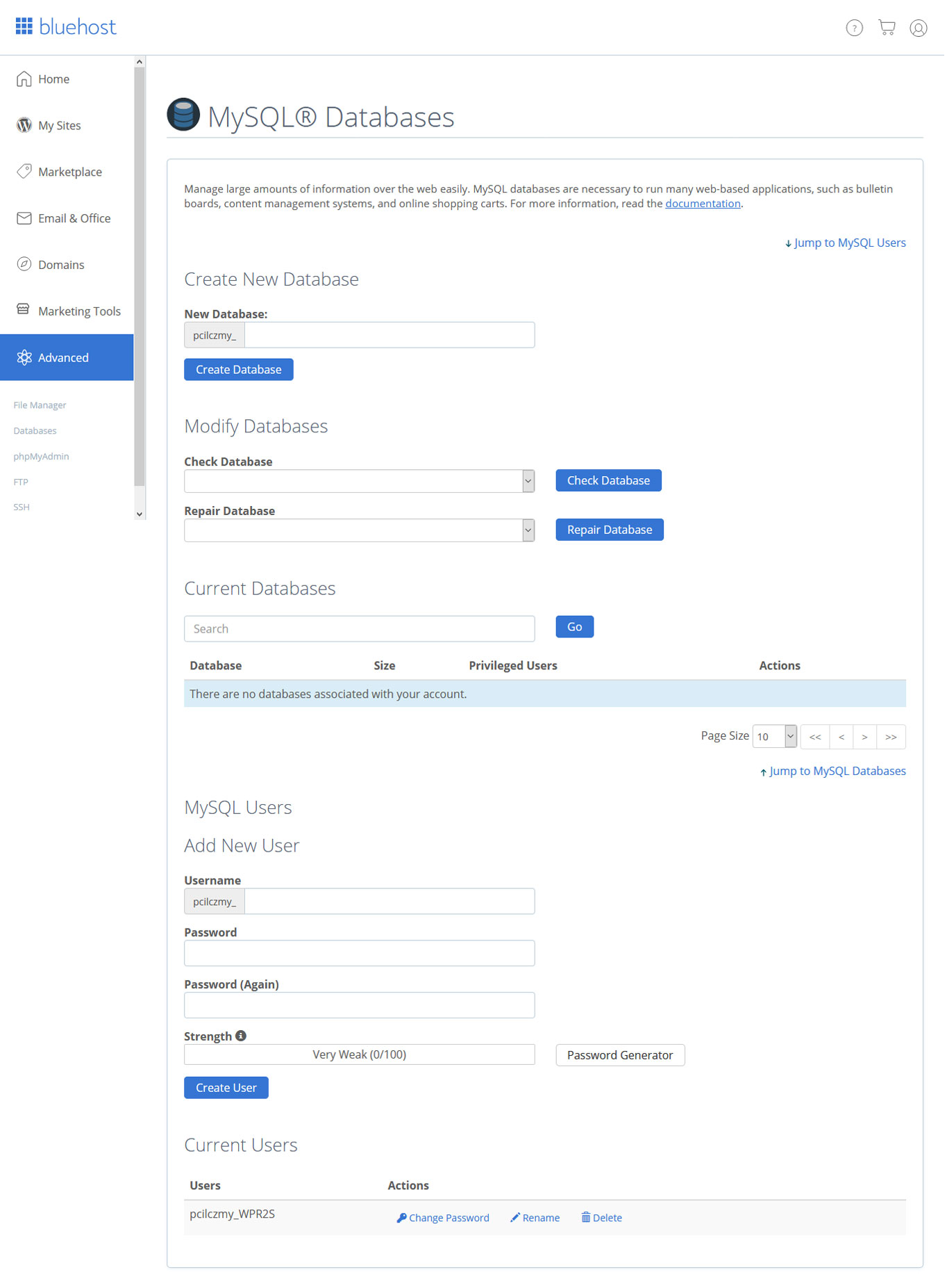 create mysql database in bluehost