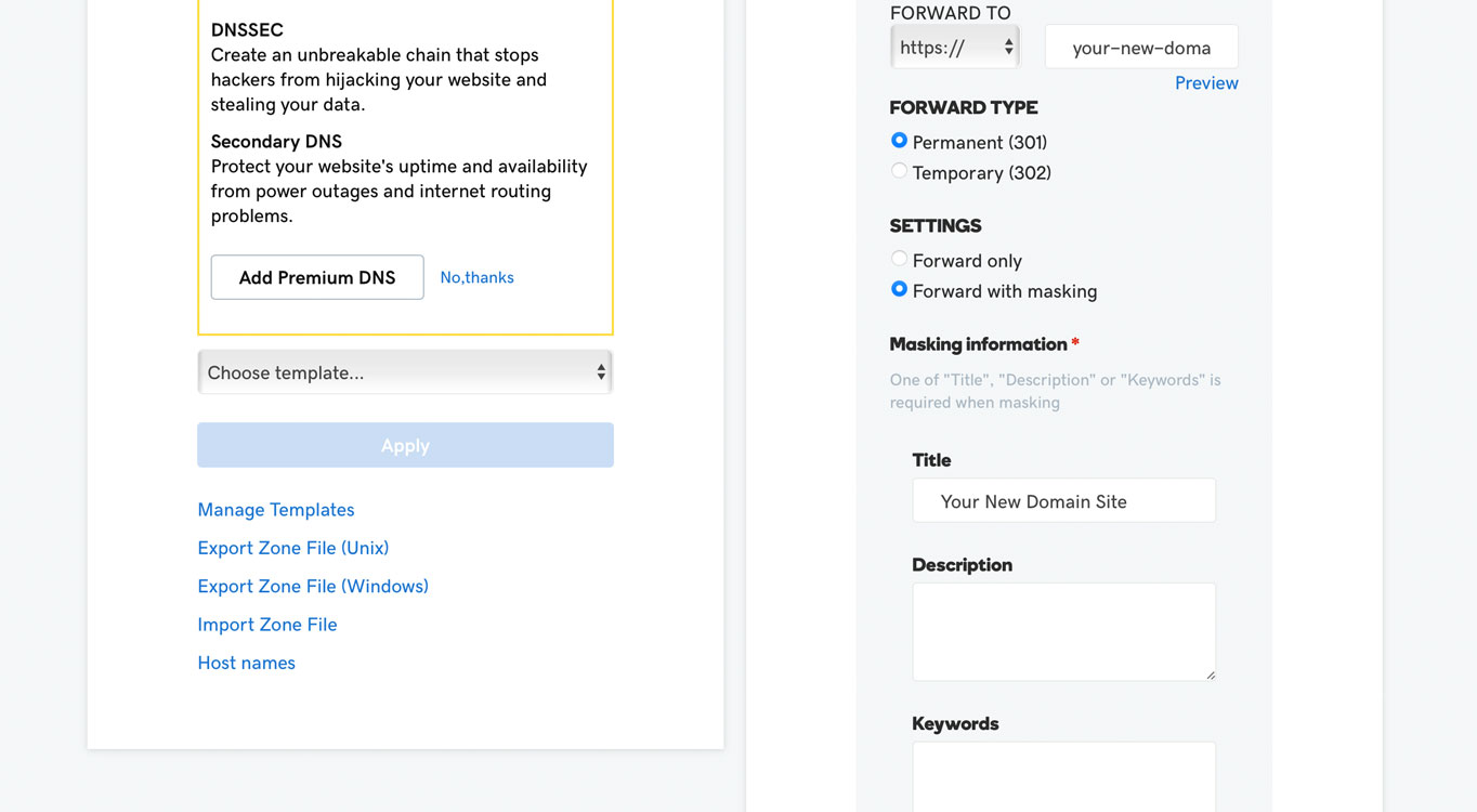 The Manage DNS page.