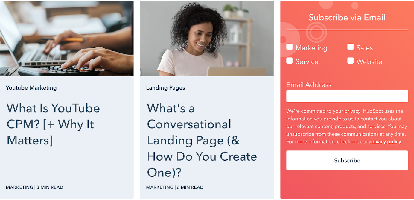 Hubspot offers readers to choose which type of content they want to receive
