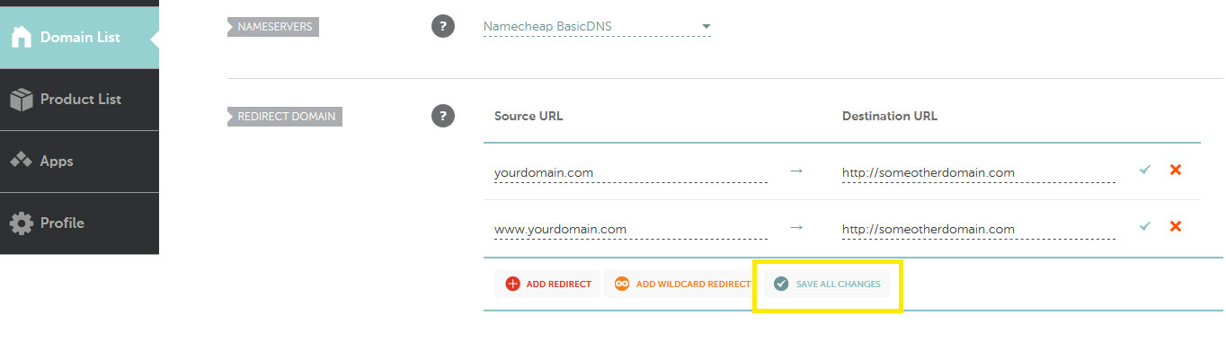 The Redirect Domain section of the Domain List page. Example domains have been typed in.