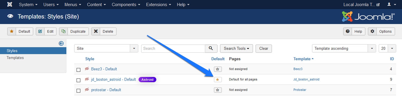 set joomla template as default