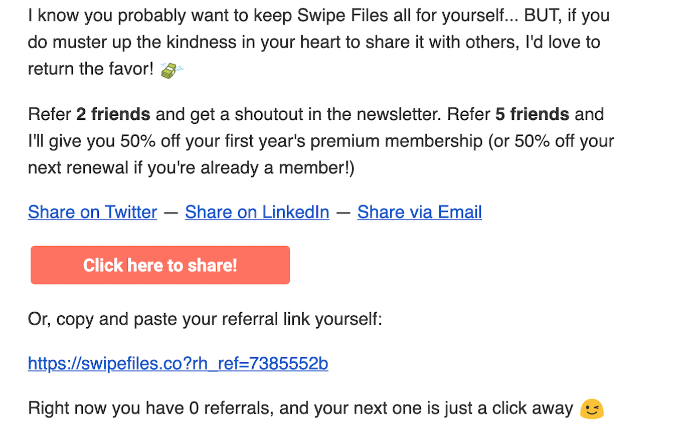 Corey Haines encourages newsletter referrals with 50% off to the premium membership on his website