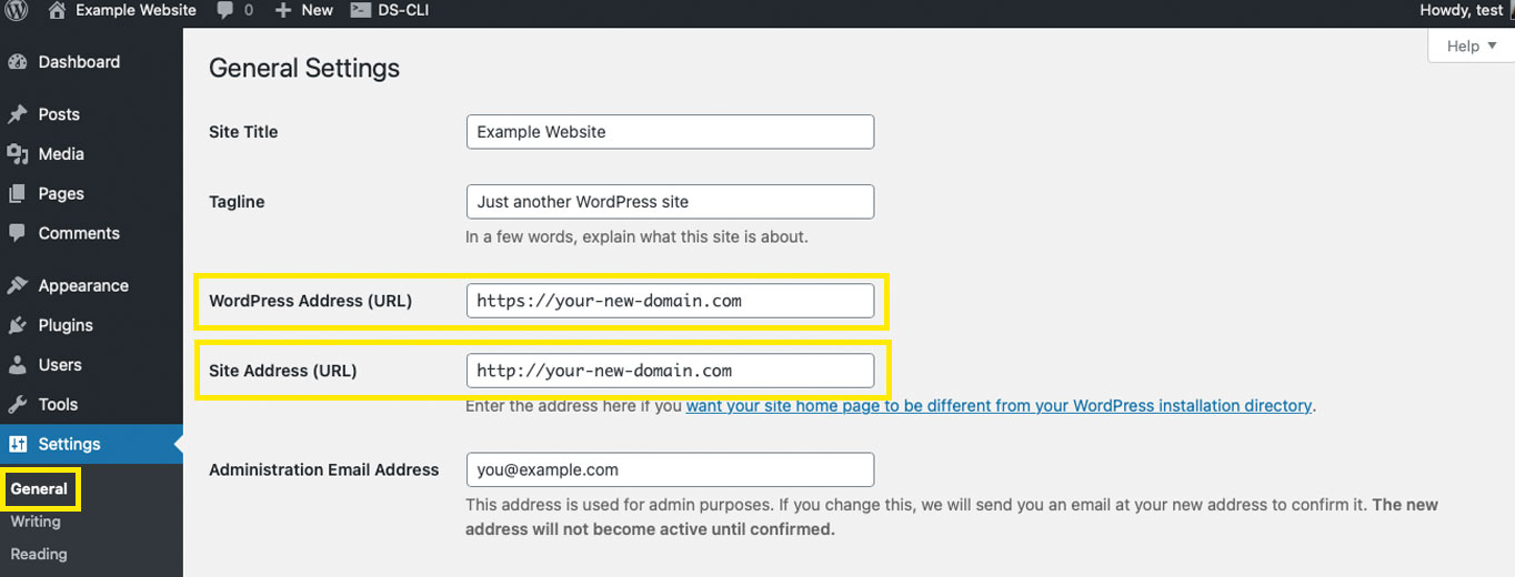 The General Settings page in an example WordPress website's back end.