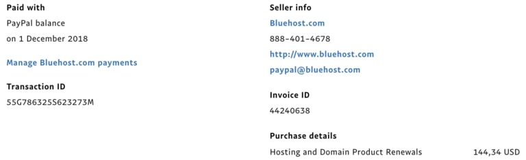 Bluehost invoice