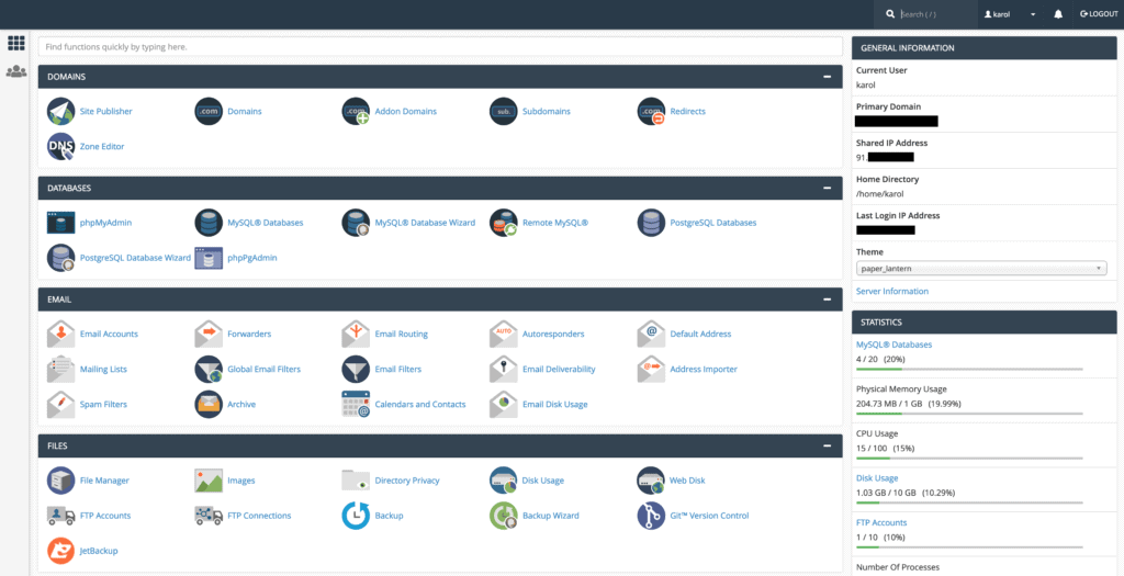 cPanel Tutorial - dashboard