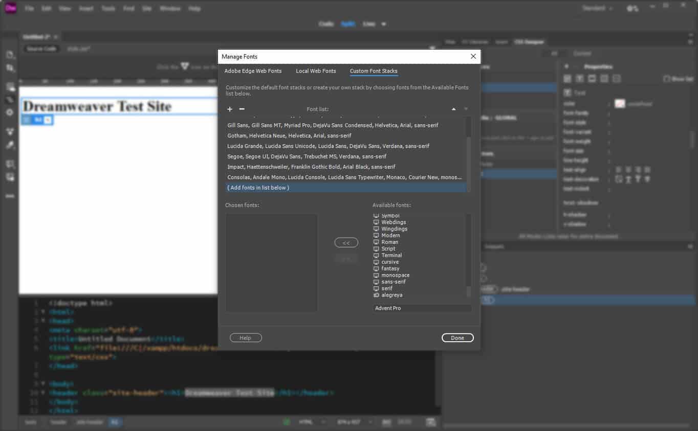 Create custom Font stacks in Dreamweaver