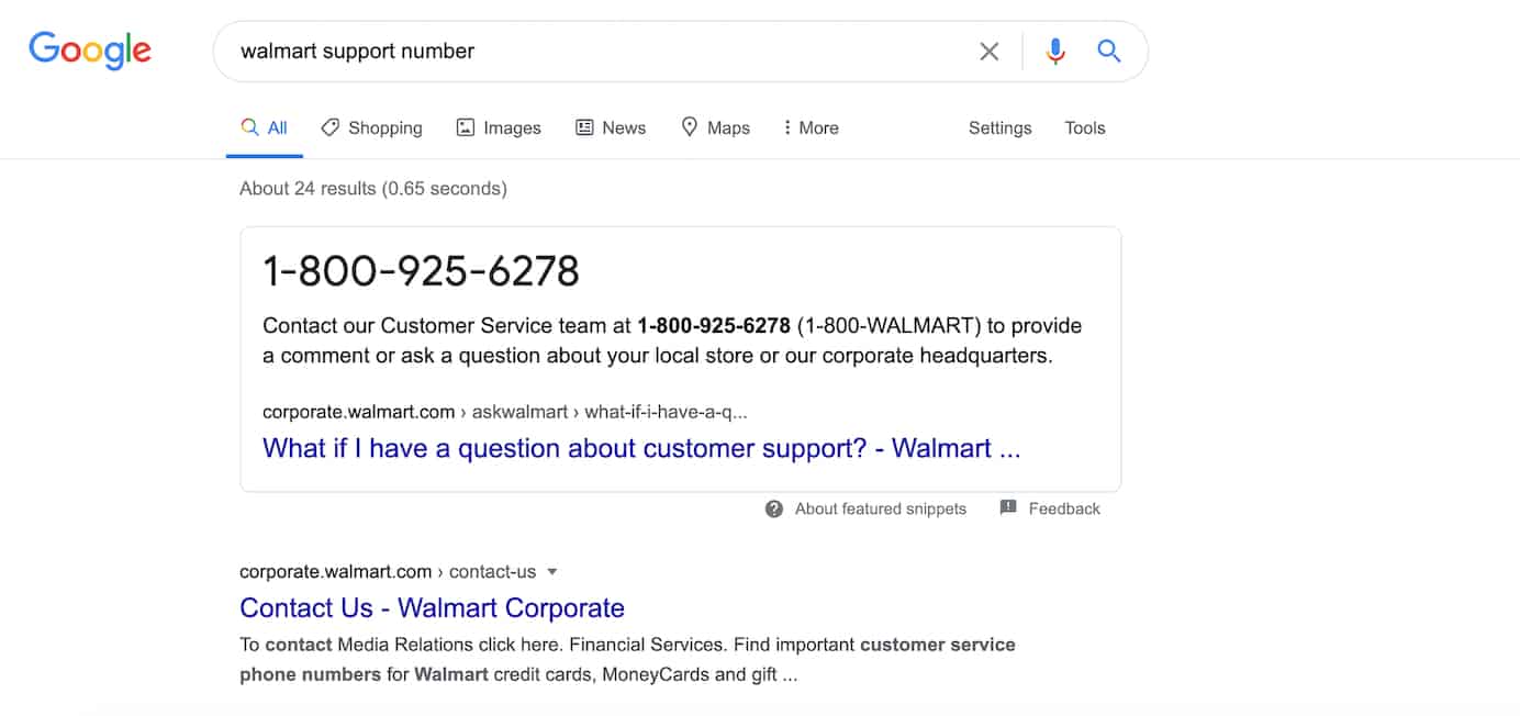 Google search results for Walmart support number