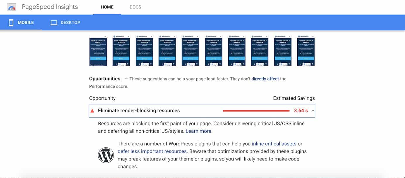 Page speed insights test