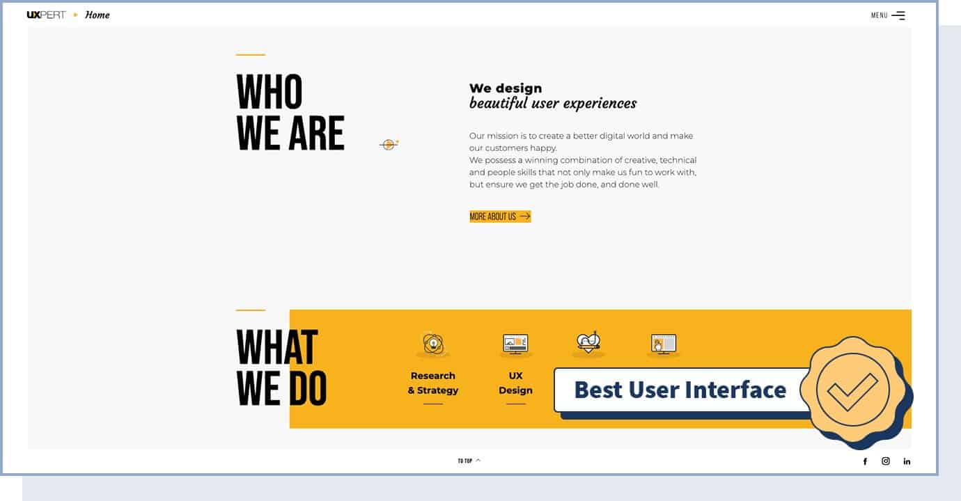 Uxpert website homepage with badge that says "best user interface"