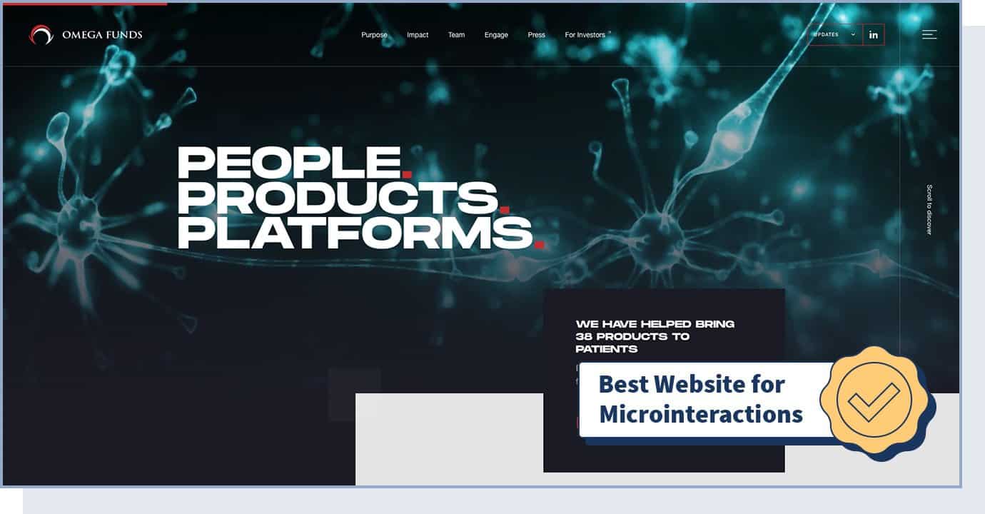 Omega Funds website homepage with badge that says "best website for microinteractions"