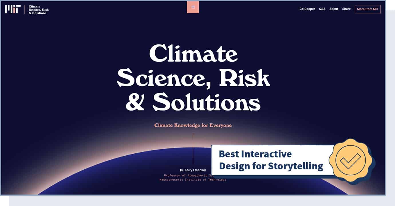 Climate Science, Risk & Solutions website with badge that says "best interactive design for storytelling"
