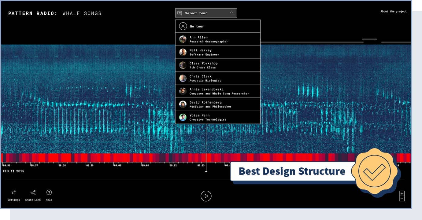 Pattern Radio: Whale Songs website with badge that says "best design structure'