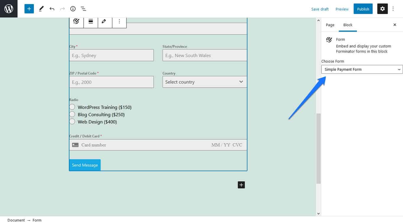 add payment form in gutenberg editor