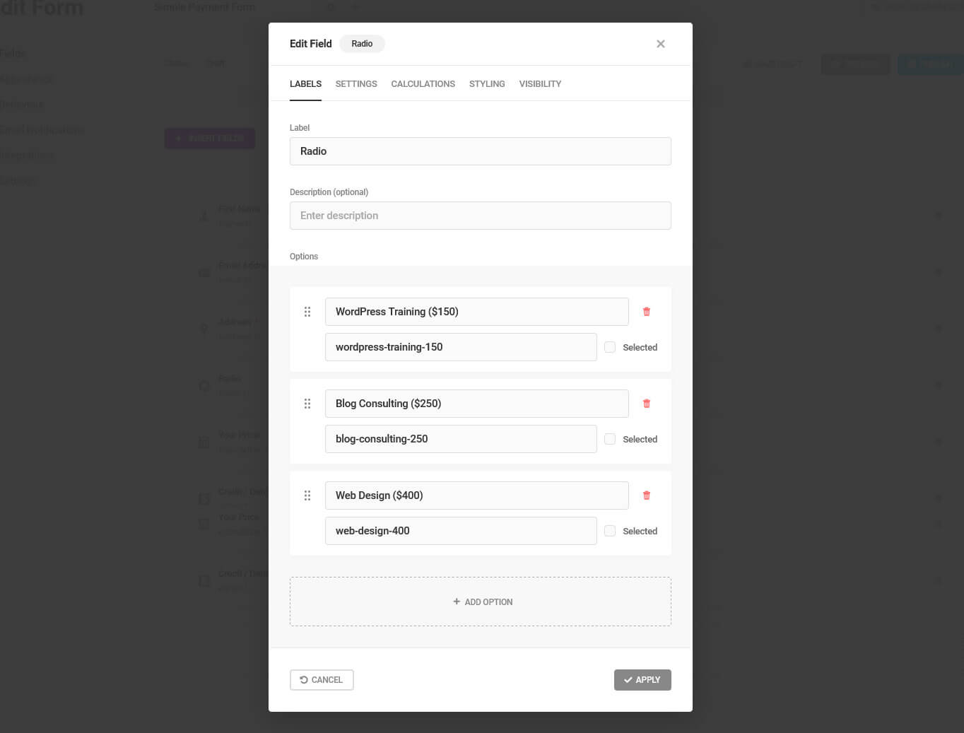 add services and prices to wordpress form