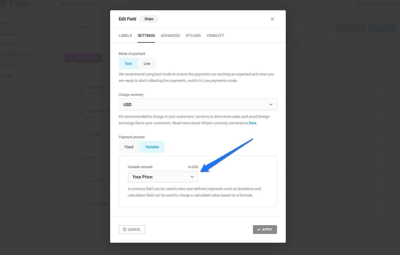 connect calculations field to payment method