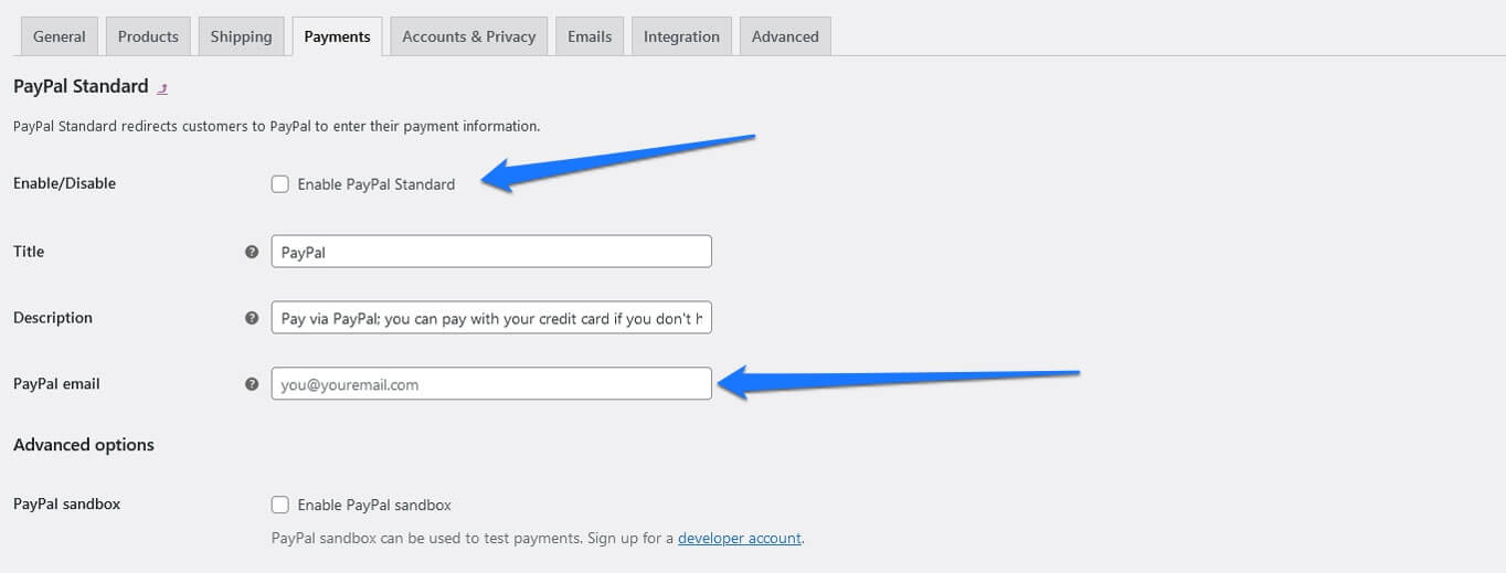 enable paypal in woocommerce settings