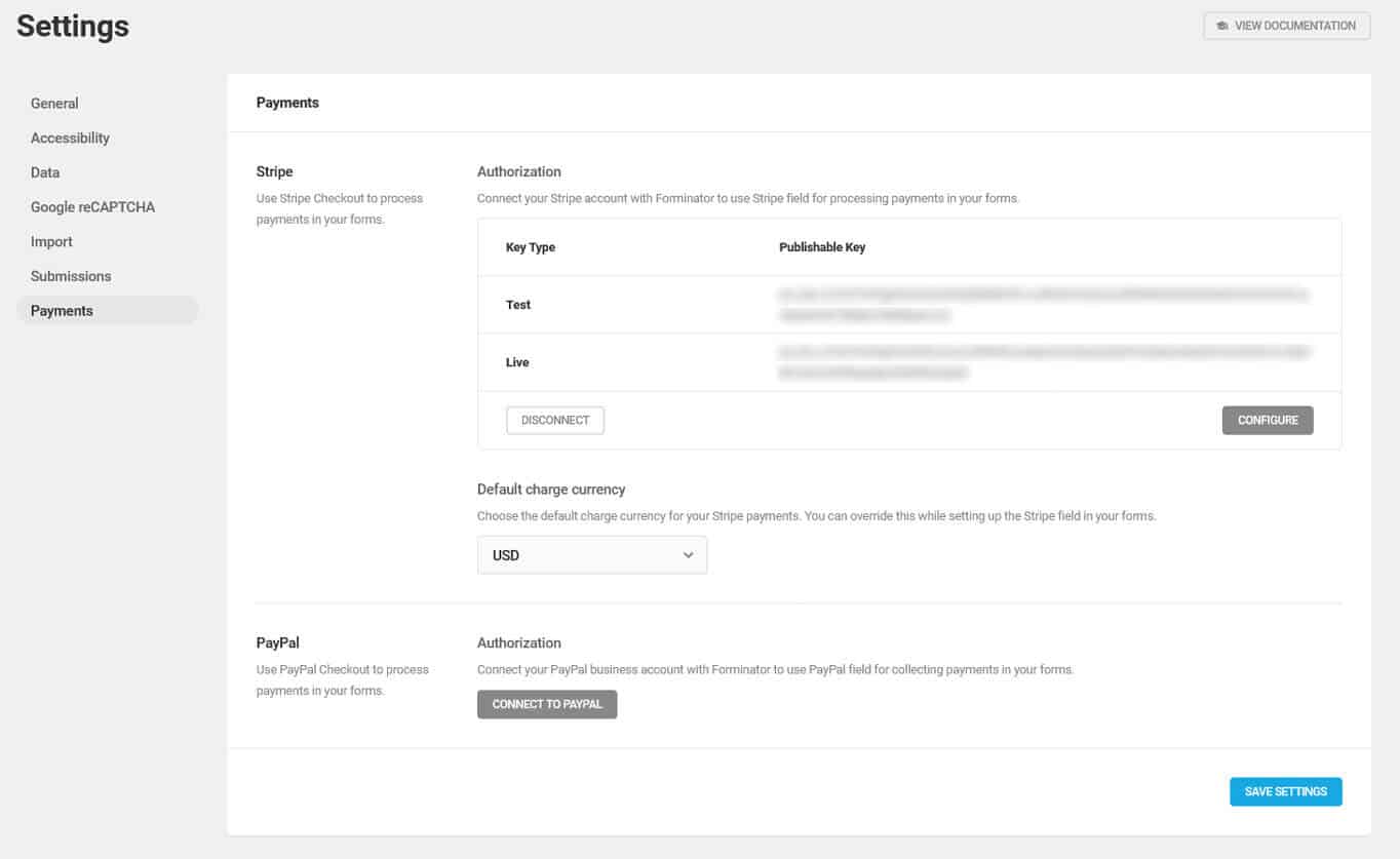 forminator settings connected to payment method