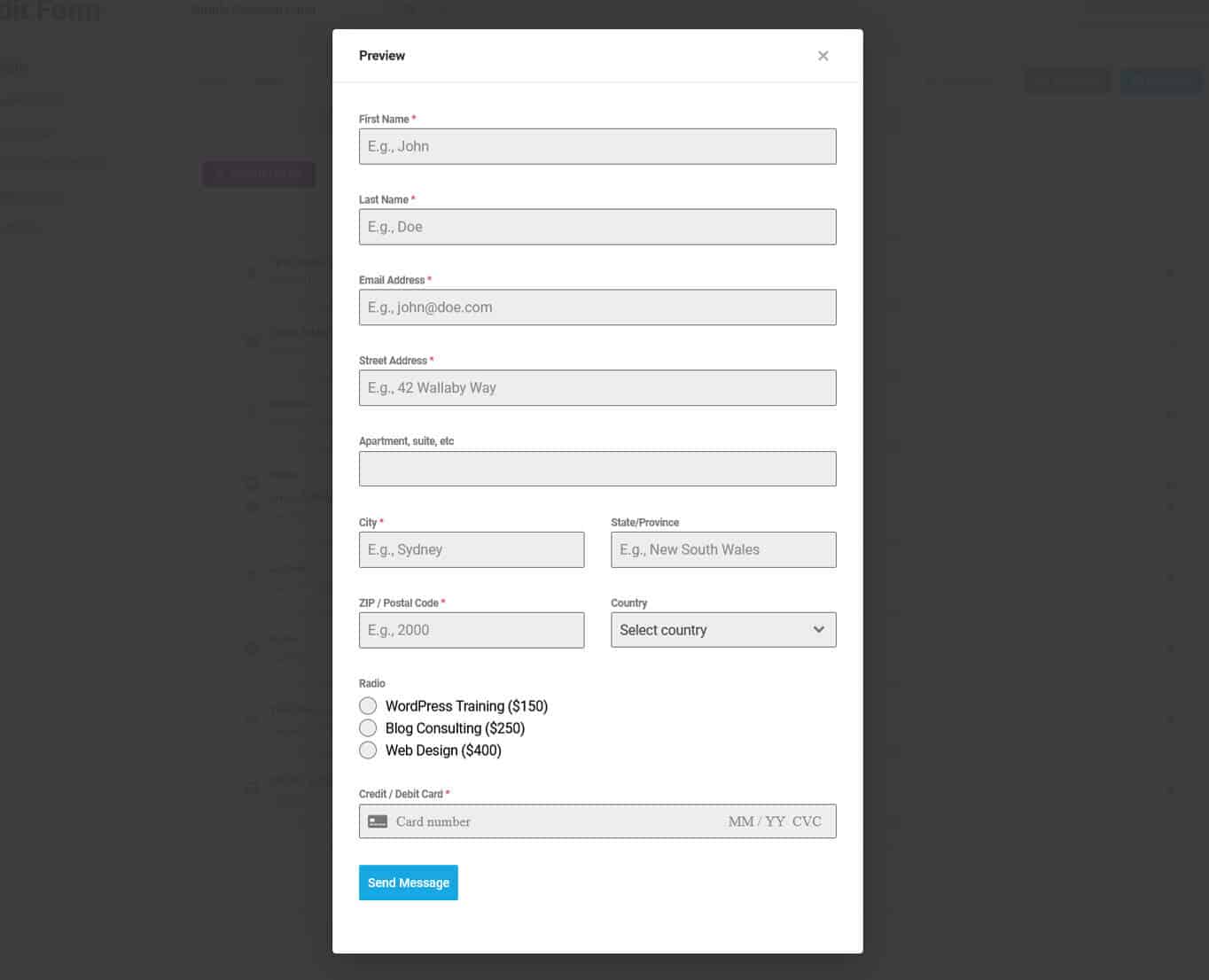 preview of finished wordpress form with payment methods