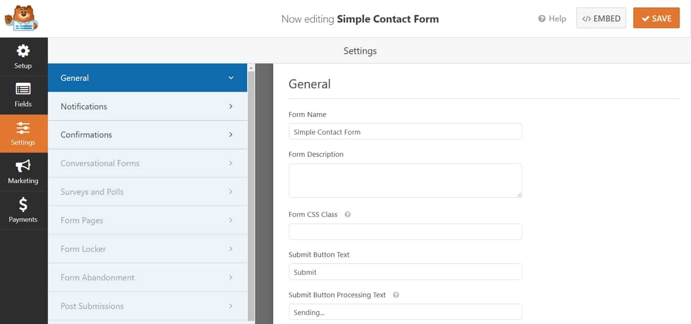 contact form settings in wordpress