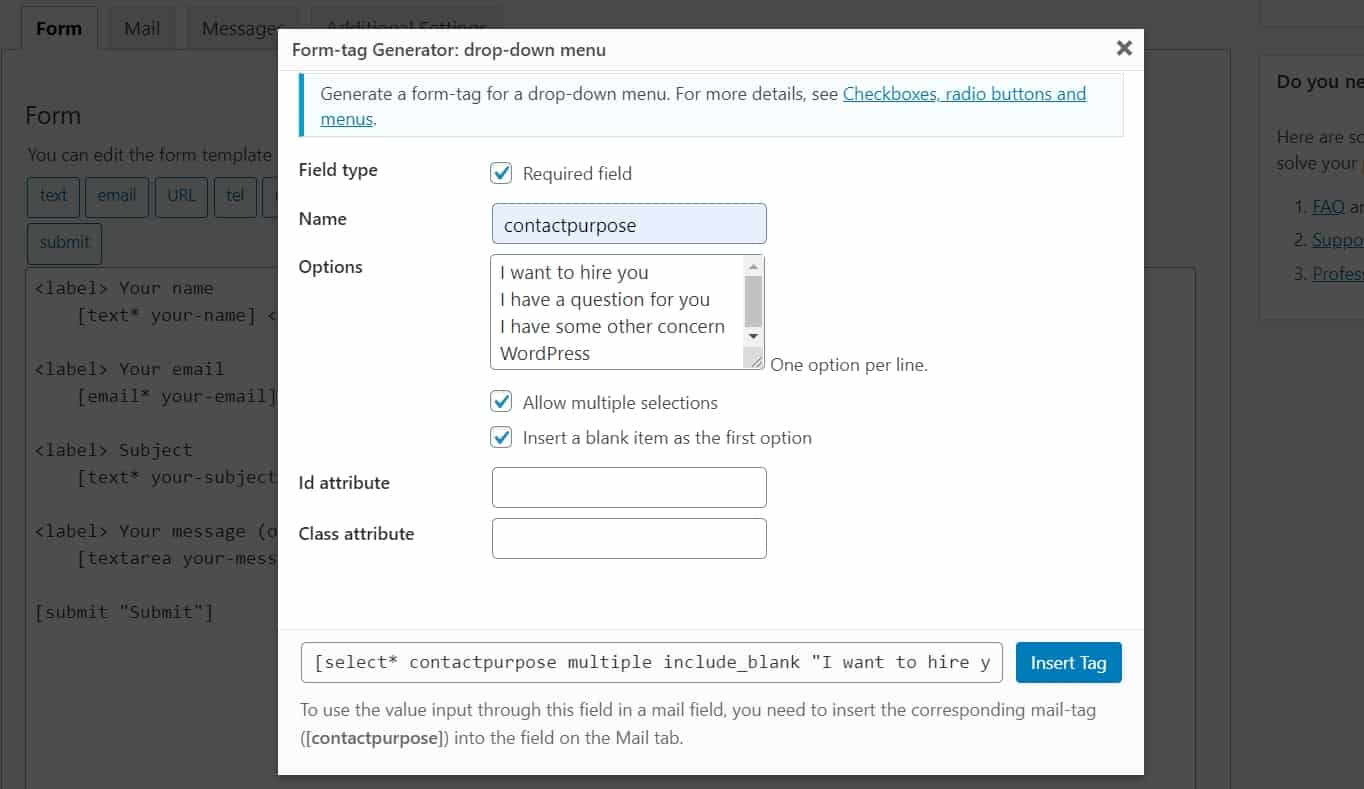 filled in form tag generator contact form 7