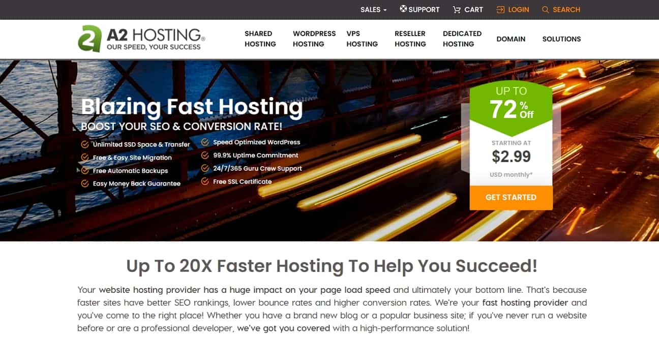 A2 Hosting homepage