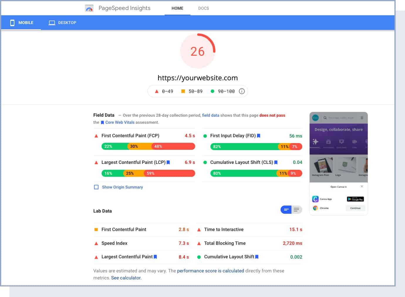 Pagespeed Insights example