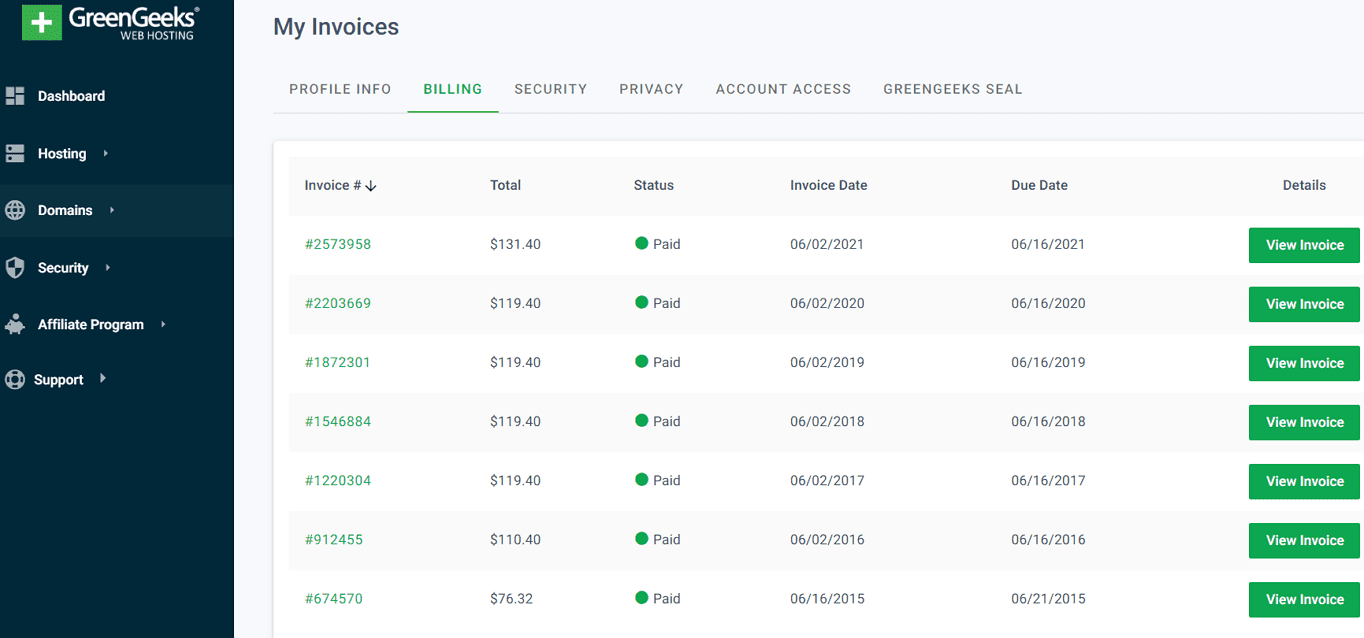 GreenGeeks shared hosting billing