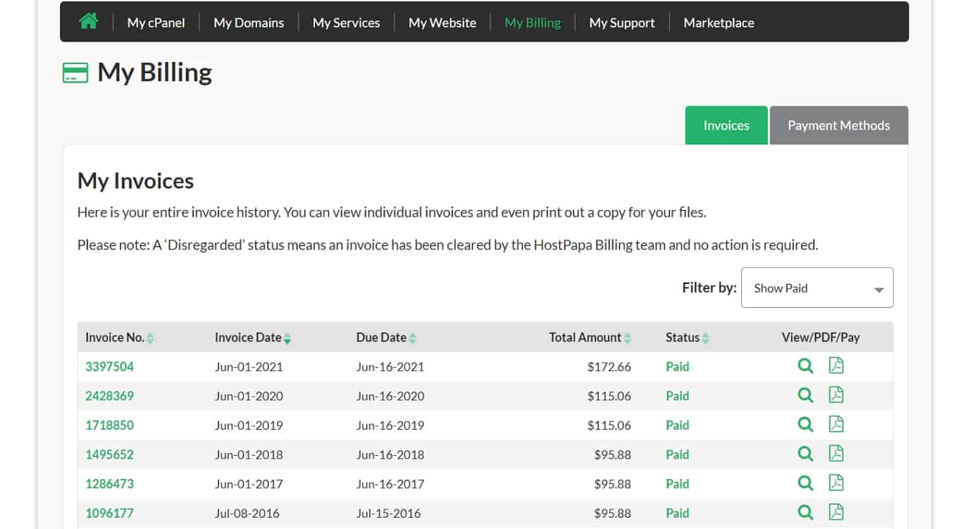 HostPapa shared hosting billing