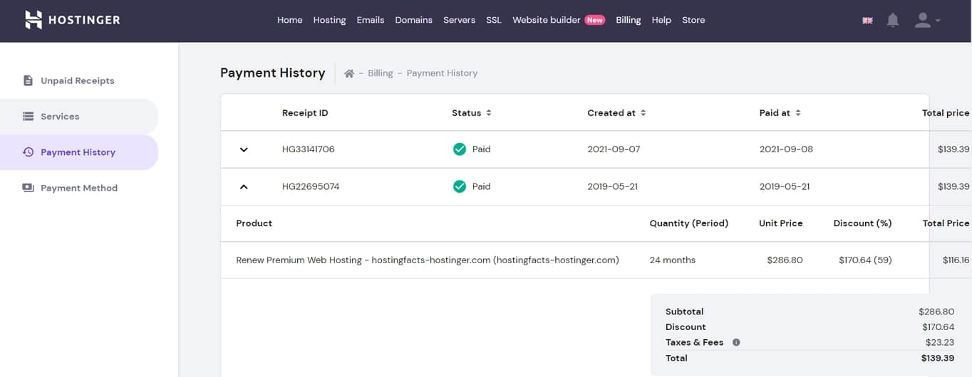 Hostinger shared hosting billing