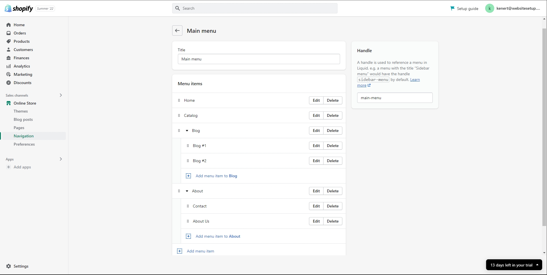 Shopify creating a main navigation menu