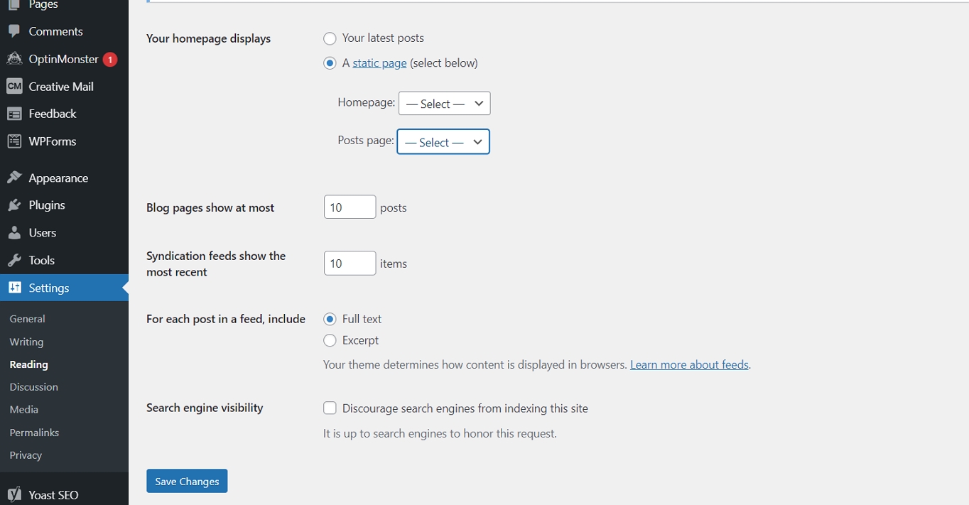 Reading settings in WordPress