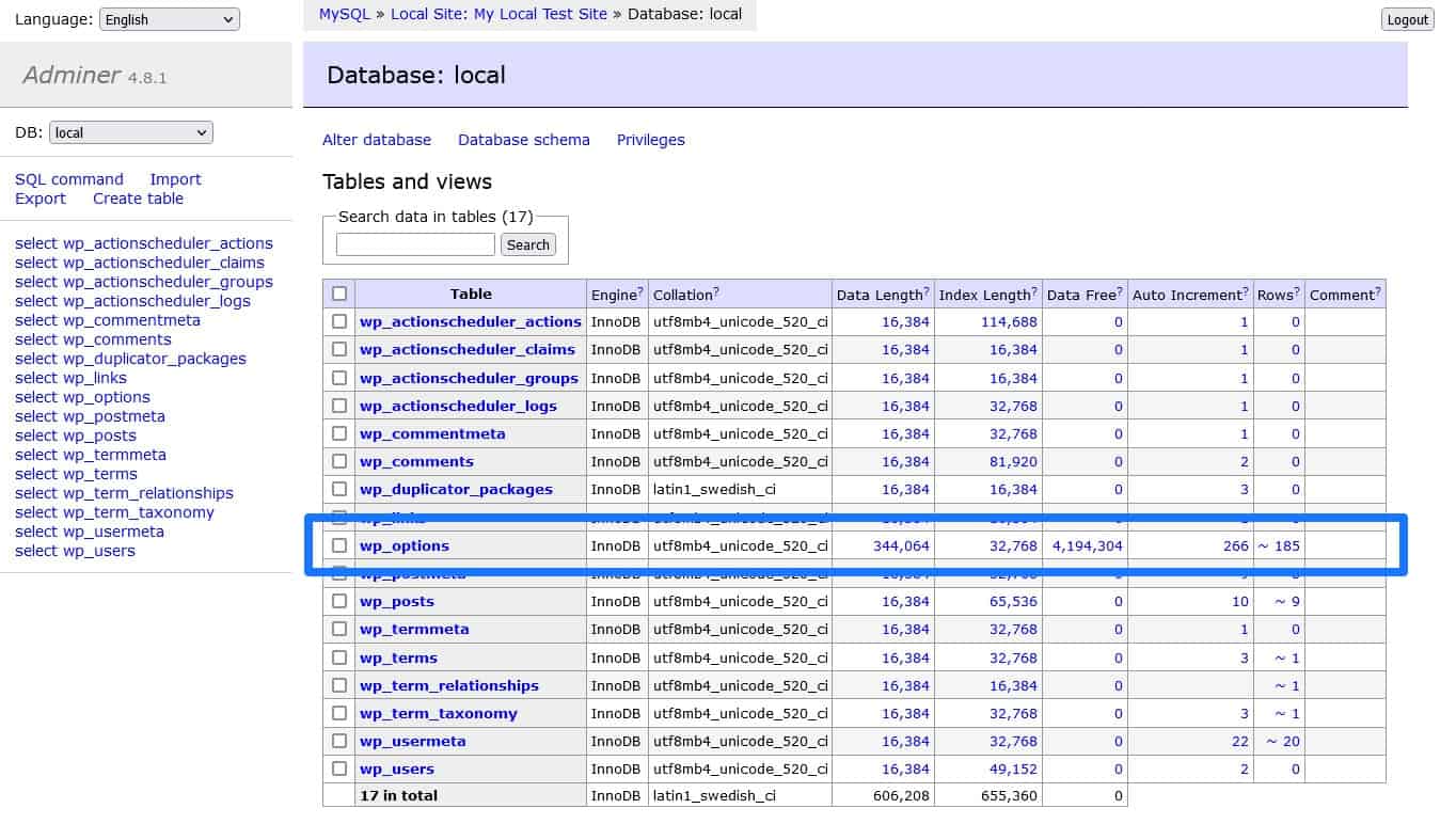 access wordpress database