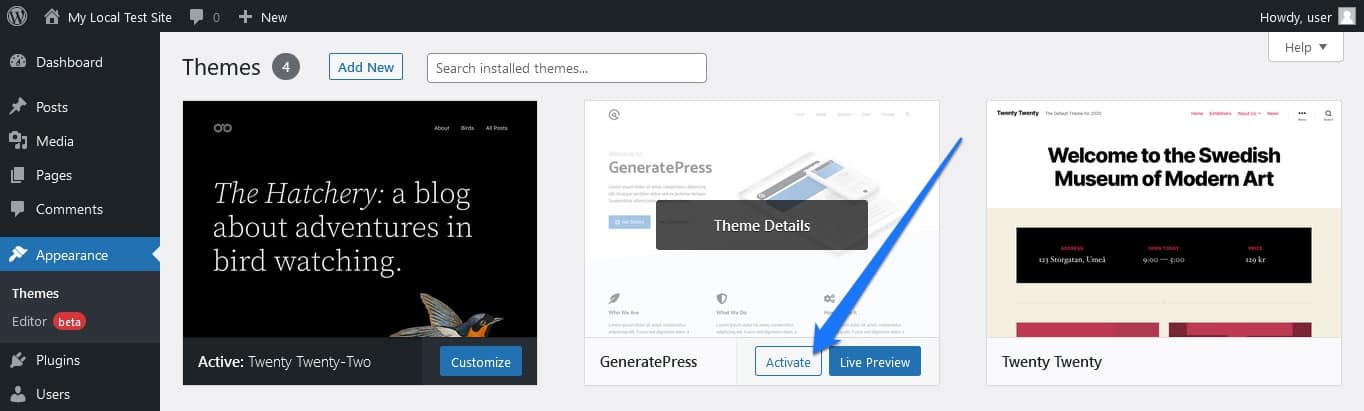 change wordpress theme from back end