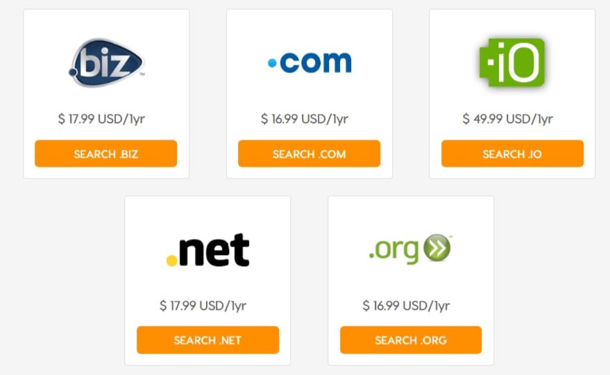 A2 Hosting’s domain name registration prices.