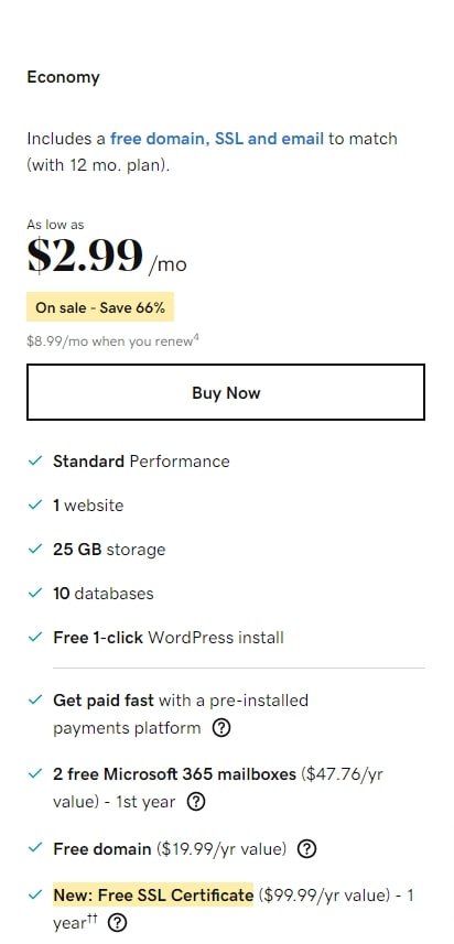 Features of GoDaddy’s Economy plan.
