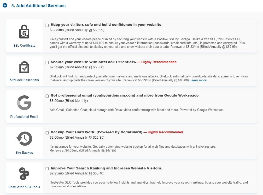 A list of available add-ons for HostGator’s web hosting plans and their prices.