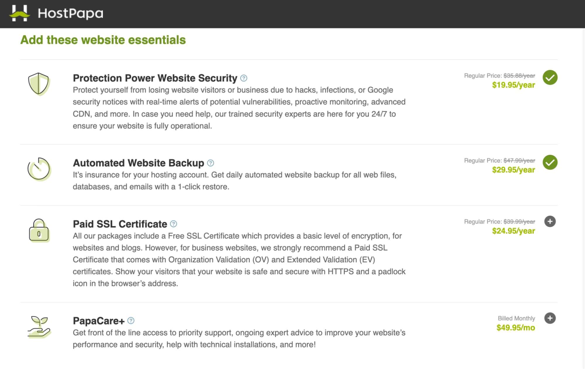 HostPapa offers four expensive add-ons at checkout.