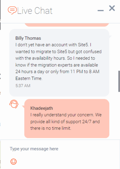 Site5’s live chat customer support.