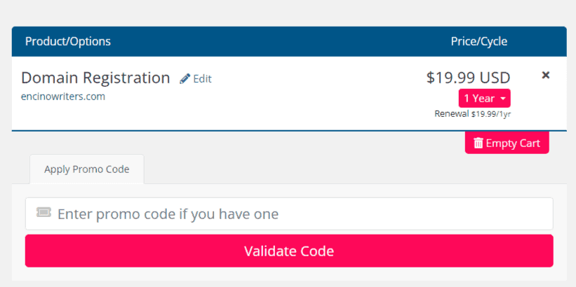 Site5’s domain name registration price.