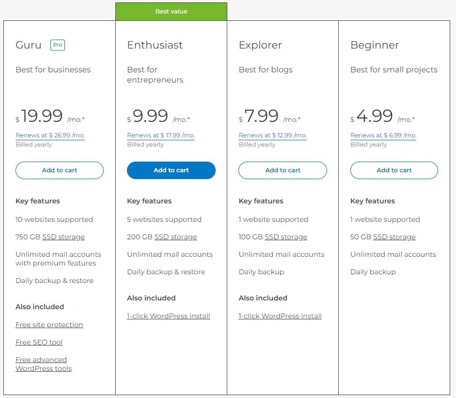 Our one.com review found four main plans offered by the hosting company.