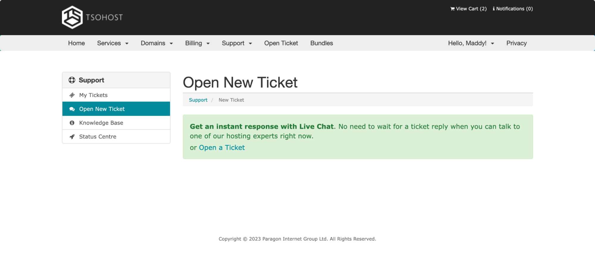 There’s no link to tsoHost’s live chat feature anywhere on the MytsoHost dashboard.