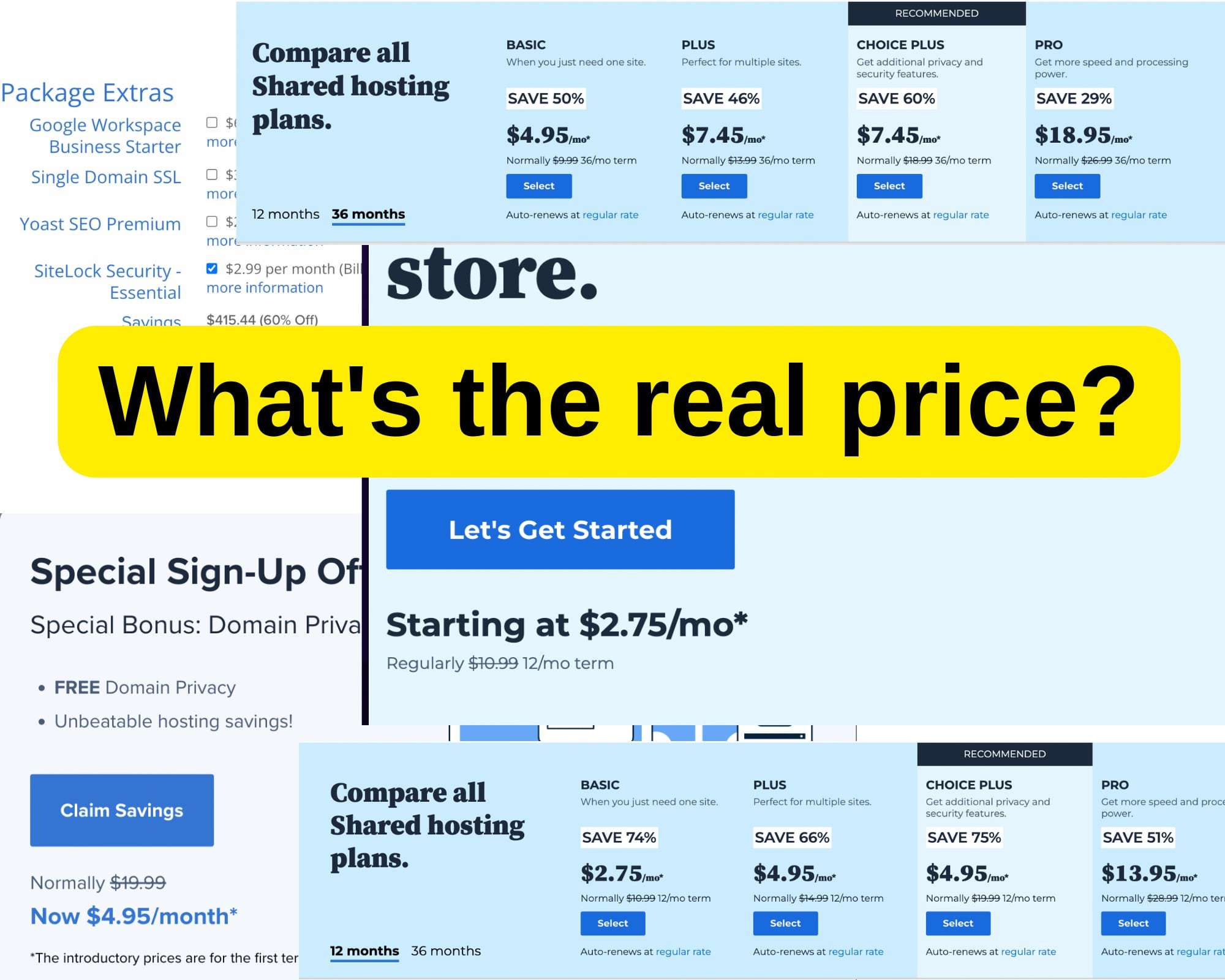 During our Bluehost web hosting review, we found Bluehost’s pricing raises drastically after initial offers.